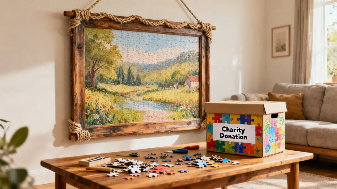Framed finished puzzle displayed as wall art with a donation box for puzzles on a coffee table, showing creative ideas for what to do with completed puzzles.