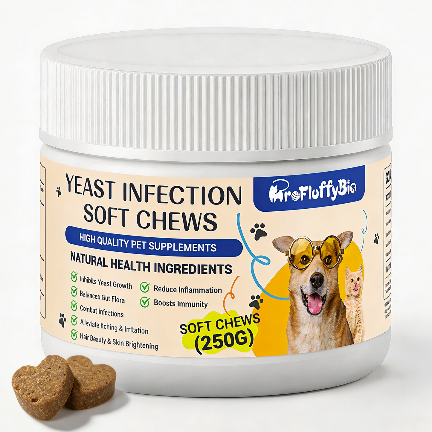 ProFluffyBio Natural Dog Yeast Infection Treatment - Itchy Skin & Ear Relief, Reduces Inflammation & Irritation, Soothes Allergy Symptoms - Herbal Supplement Soft Chews for Dogs' Healthy Itch Relief (250g)