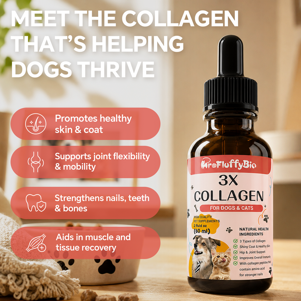 ProFluffyBio 3X Collagen Peptides Liquid Supplement for Dogs - Supports Skin, Healthy Coats, Hips & Joints - with Hyaluronic Acid, Types 1,2 & 3 Collagen - Add to Food, Suitable for All Sizes, Skin & Joints