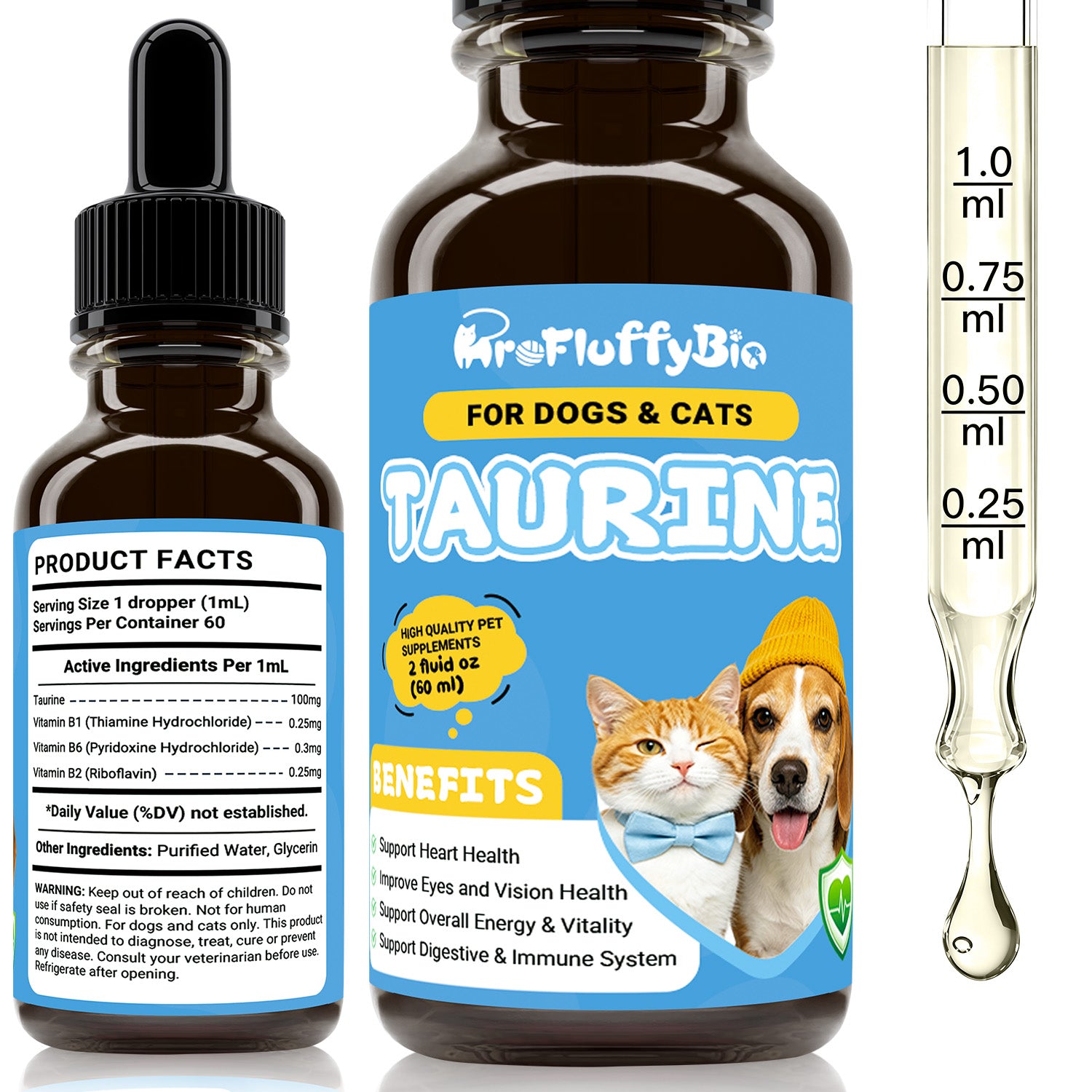 ProFluffyBio Taurine Supplement for Dogs & Cats Liquid Drops Heart Healthy 60mL (1pack) Pets Daily Amino Acid Nutrition Supplement, 100mg Taurine /mL, Vision Support, Vitamins for Heart, Energy & Vitality