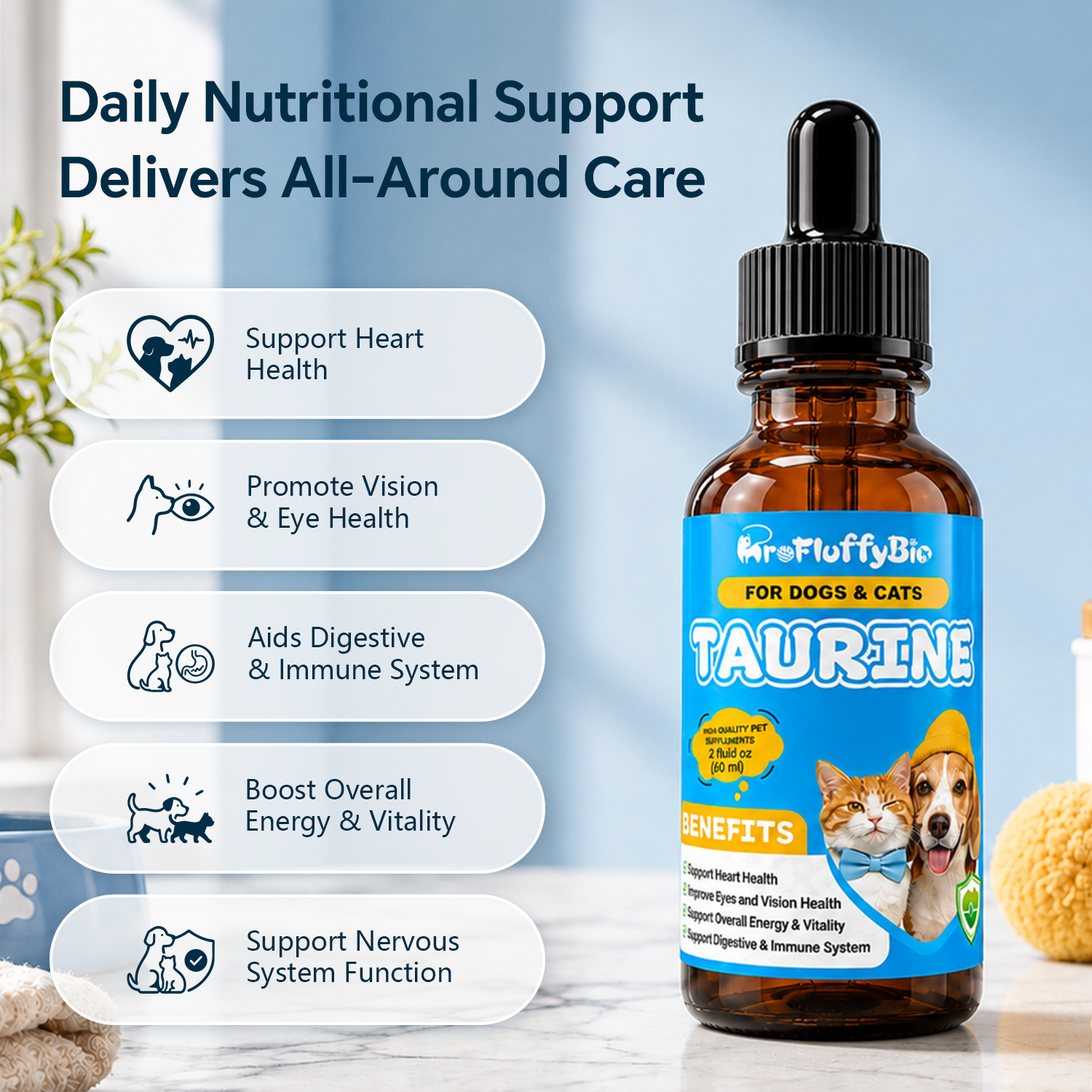 ProFluffyBio Taurine Supplement for Dogs & Cats Liquid Drops Heart Healthy 60mL (1pack) Pets Daily Amino Acid Nutrition Supplement, 100mg Taurine /mL, Vision Support, Vitamins for Heart, Energy & Vitality