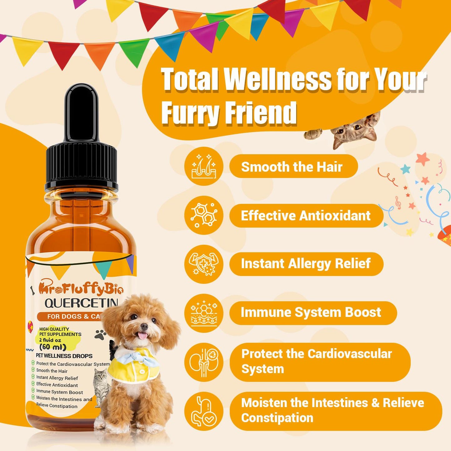 ProFluffyBio Natural Quercetin Antioxidant Edible Canine Nutritional Drops - 2 oz Vitamin Supplement for Skin & Ear Itch, Inflammation Relief, Canine Nutritional Supplement