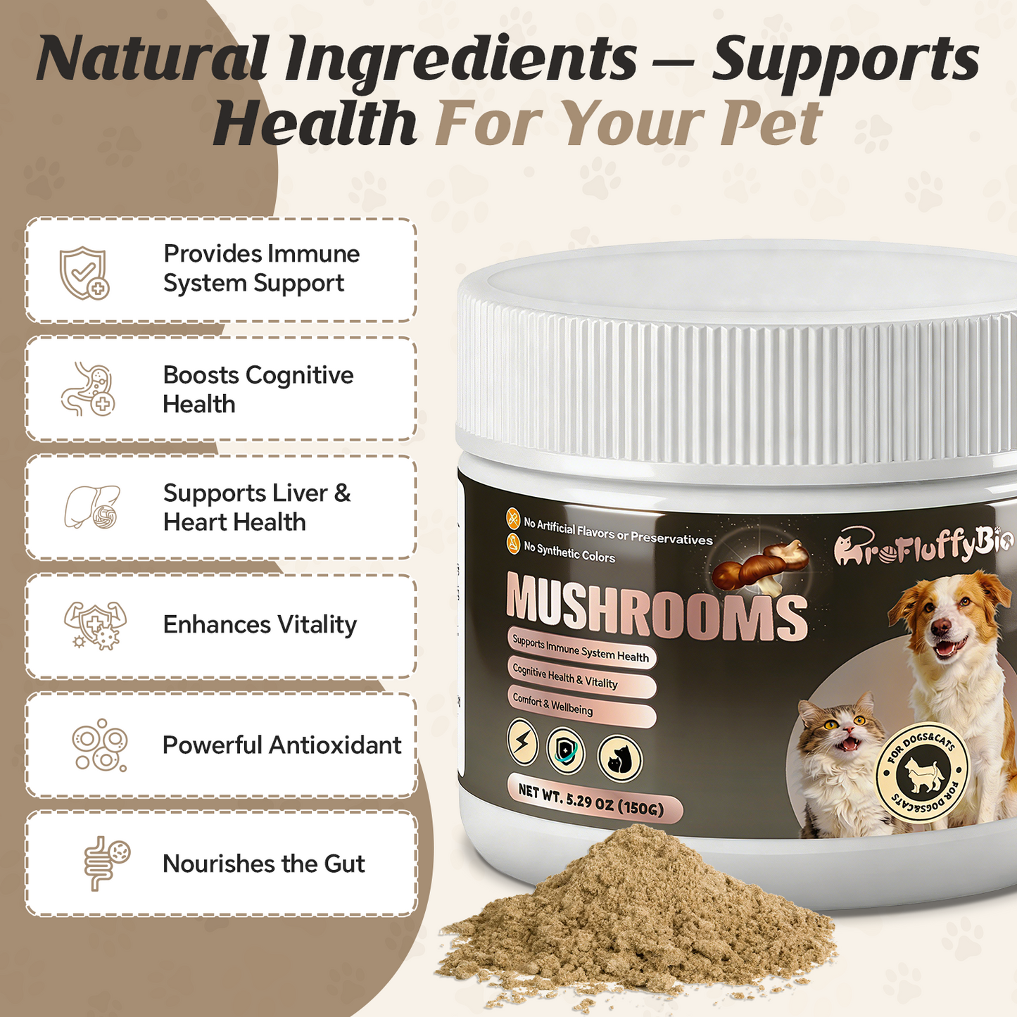 ProFluffyBio Turkey Tail Mushroom Powder For Dogs - For Lumps & Bumps, Immunity, Respiratory, Digestion & Cellular Health（150g）