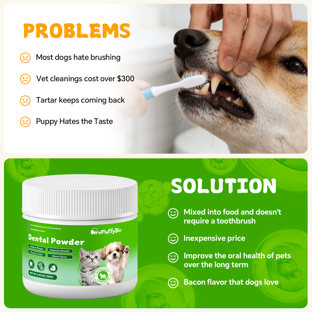 ProFluffyBio Dog&Cat Dental Powder - Food Topper for Fresh Breath & Clean Teeth - Gentle Formula for Sensitive Stomachs - Bacon Flavor Tartar Plaque Remover - Natural Oral Care for Dogs and Cats