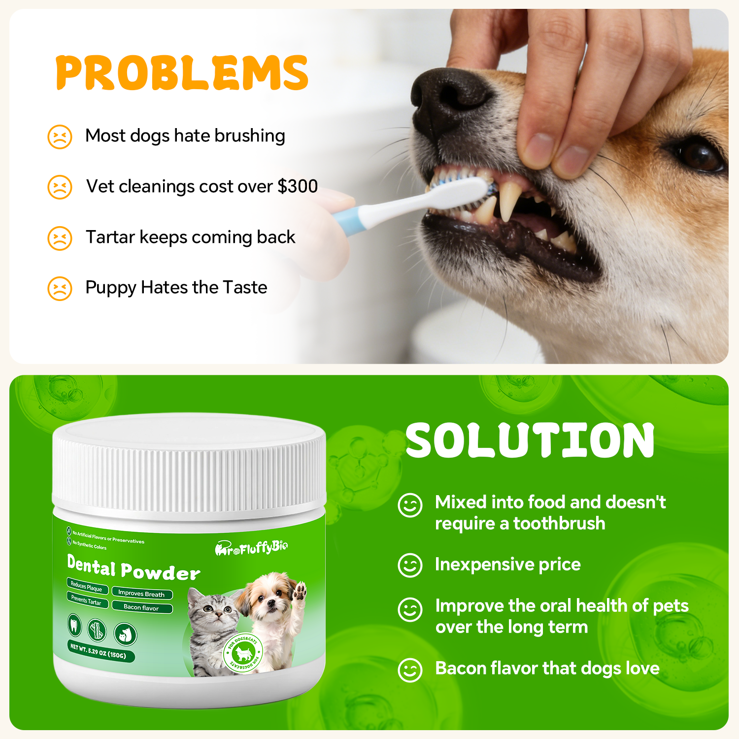 ProFluffyBio Dog&Cat Dental Powder - Food Topper for Fresh Breath & Clean Teeth - Gentle Formula for Sensitive Stomachs - Bacon Flavor Tartar Plaque Remover - Natural Oral Care for Dogs and Cats