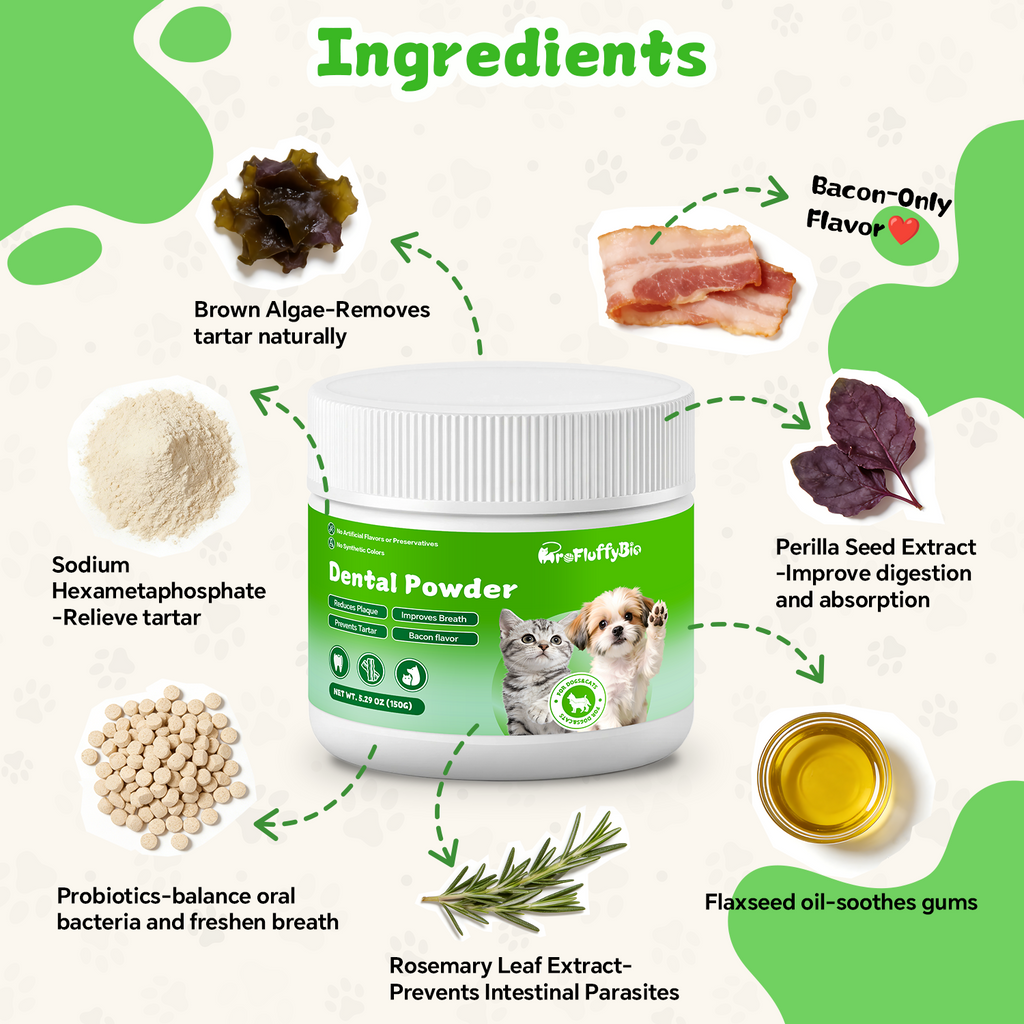 ProFluffyBio Dog&Cat Dental Powder - Food Topper for Fresh Breath & Clean Teeth - Gentle Formula for Sensitive Stomachs - Bacon Flavor Tartar Plaque Remover - Natural Oral Care for Dogs and Cats