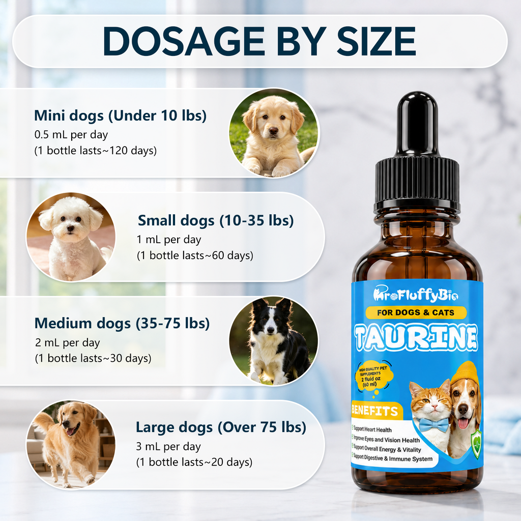 ProFluffyBio Taurine Supplement for Dogs & Cats Liquid Drops Heart Healthy 60mL (1pack) Pets Daily Amino Acid Nutrition Supplement, 100mg Taurine /mL, Vision Support, Vitamins for Heart, Energy & Vitality