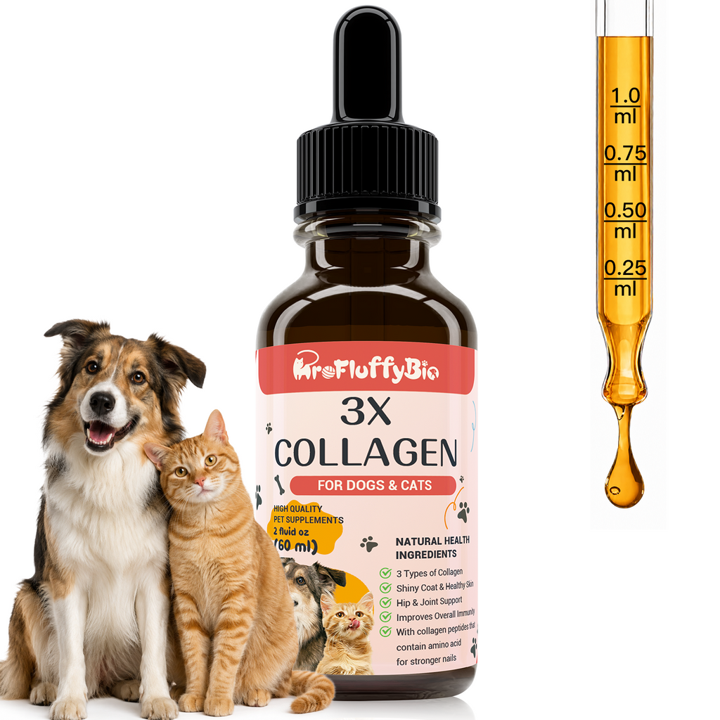 ProFluffyBio 3X Collagen Peptides Liquid Supplement for Dogs - Supports Skin, Healthy Coats, Hips & Joints - with Hyaluronic Acid, Types 1,2 & 3 Collagen - Add to Food, Suitable for All Sizes, Skin & Joints