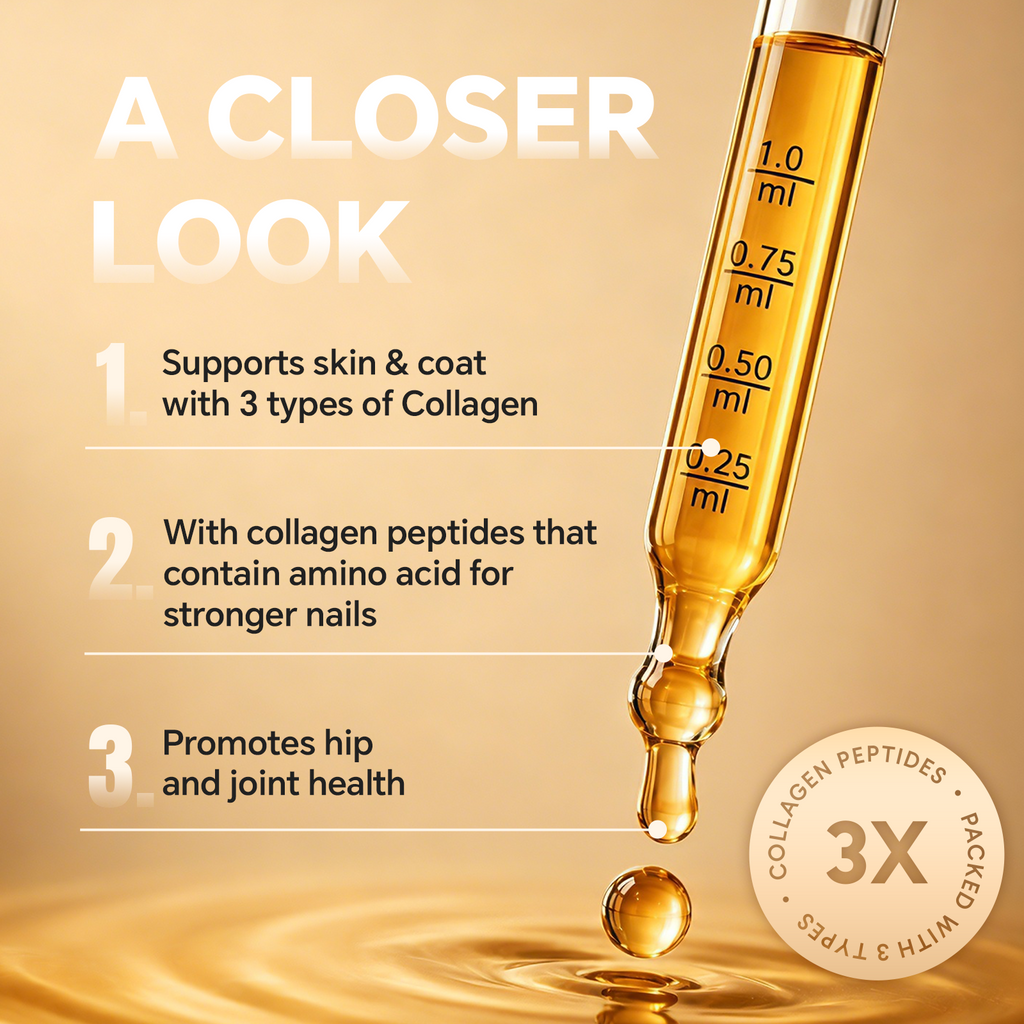 ProFluffyBio 3X Collagen Peptides Liquid Supplement for Dogs - Supports Skin, Healthy Coats, Hips & Joints - with Hyaluronic Acid, Types 1,2 & 3 Collagen - Add to Food, Suitable for All Sizes, Skin & Joints