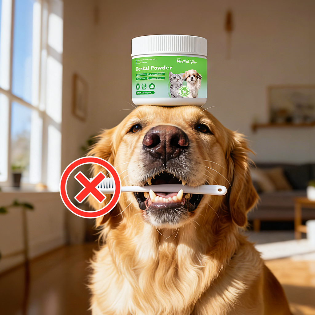 ProFluffyBio Dog&Cat Dental Powder - Food Topper for Fresh Breath & Clean Teeth - Gentle Formula for Sensitive Stomachs - Bacon Flavor Tartar Plaque Remover - Natural Oral Care for Dogs and Cats