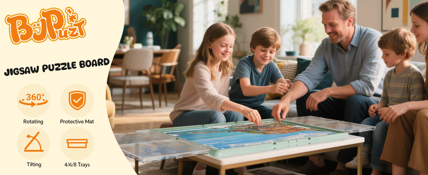Family playing with a jigsaw puzzle board in a living room.